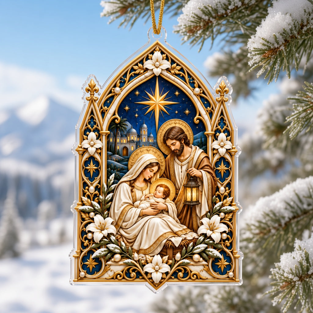 Cathedral-arch acrylic ornament with Nativity scene of Mary, Joseph with lantern, and the Star of Bethlehem.