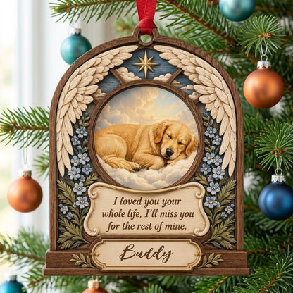 Arch wood ornament with angel wings, star, forget-me-not flowers, and a circular pet photo slot in the center.