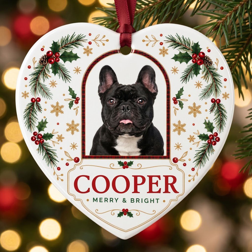 Heart ceramic ornament with dog photo in red-green plaid arch, holly, pine, gold snowflakes, and MERRY & BRIGHT text.