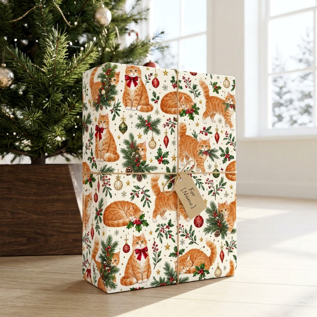 Cream gift wrap with ginger tabby cats, red and gold ornaments, pine boughs, berries and stars in a pattern.