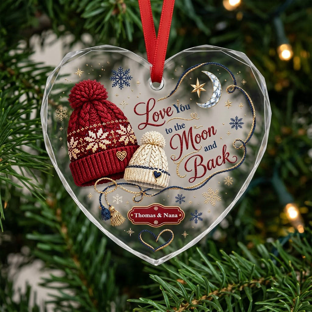 Heart glass ornament with red and cream pom-pom beanies, silver moon, gold star, and Love You Moon and Back text.