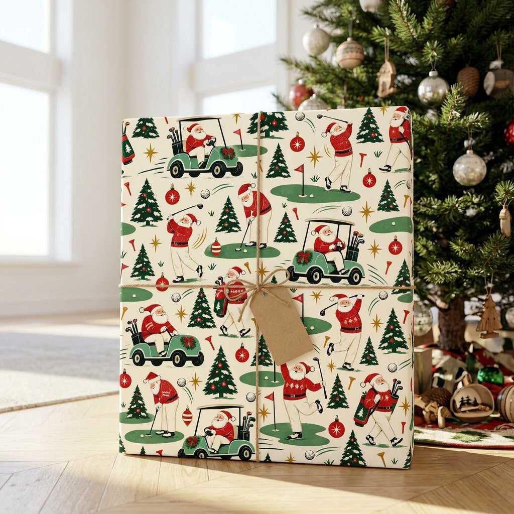 Wrapping paper with Santa Claus golfing, golf carts, trees, ornaments and golf gear on a cream background.