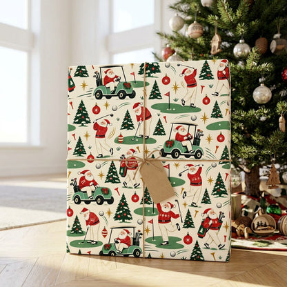 Wrapping paper with Santa Claus golfing, golf carts, trees, ornaments and golf gear on a cream background.