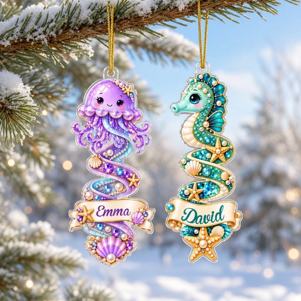 Clear acrylic ornament with a dolphin or seahorse, ocean banners, starfish, seashells and gemstones.