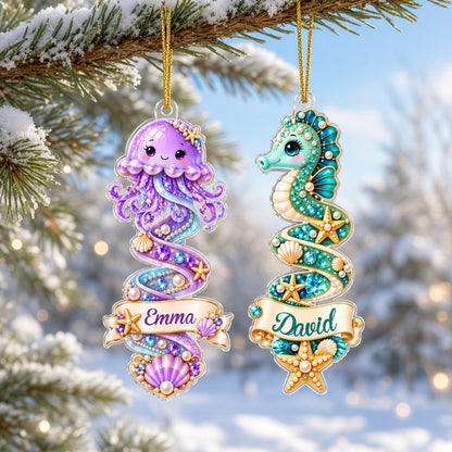 Clear acrylic ornament with a dolphin or seahorse, ocean banners, starfish, seashells and gemstones.