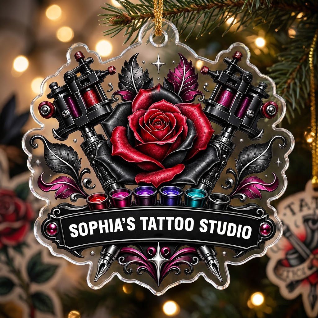 Clear acrylic ornament with red and black rose, crossed tattoo machines, caps, and SOPHIA'S TATTOO STUDIO text.