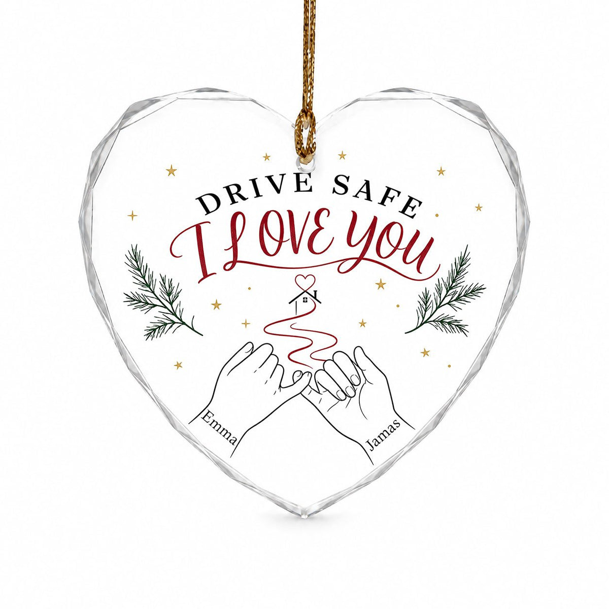 Heart glass ornament with pinky promise hands, red thread to a small house with heart, pine sprigs and gold stars.