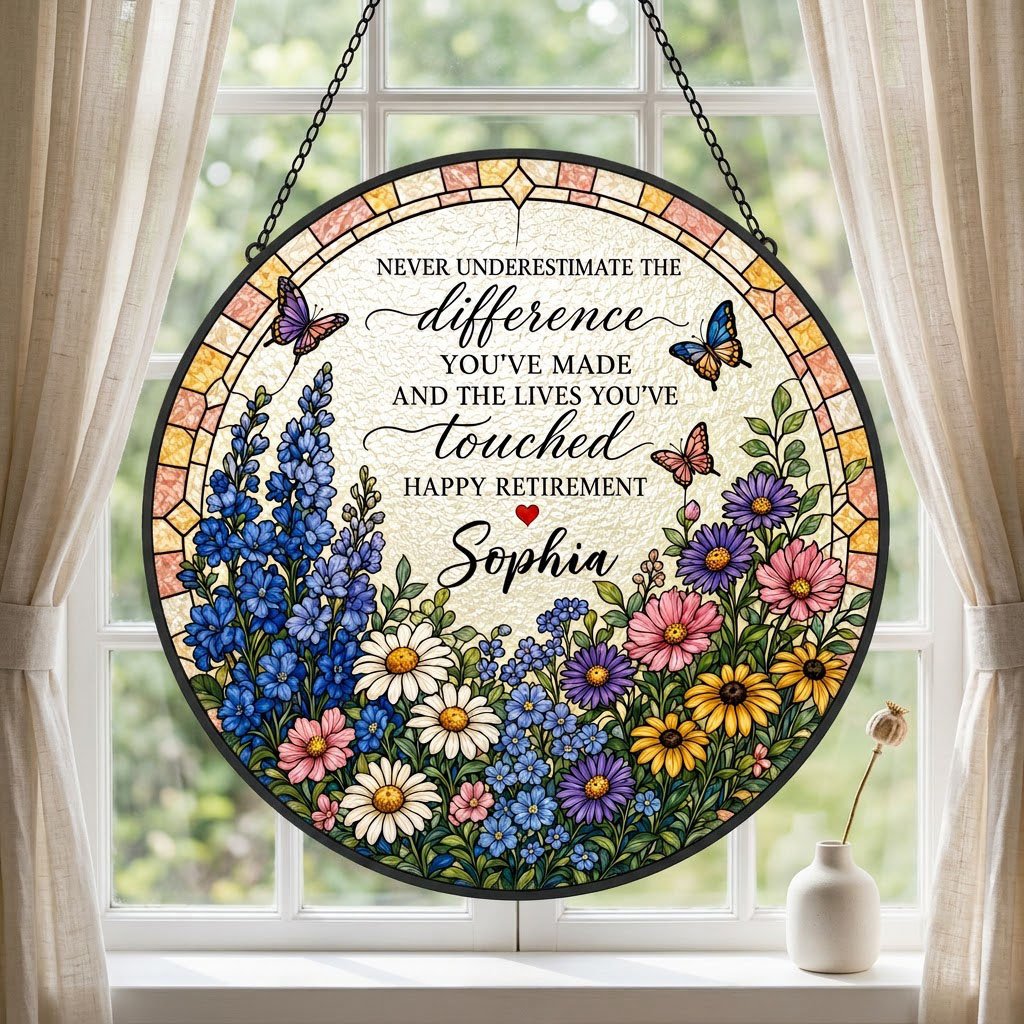 Personalized Retirement Wildflower Garden Never Underestimate The Difference Happy Retirement Stained Glass Round Suncatcher