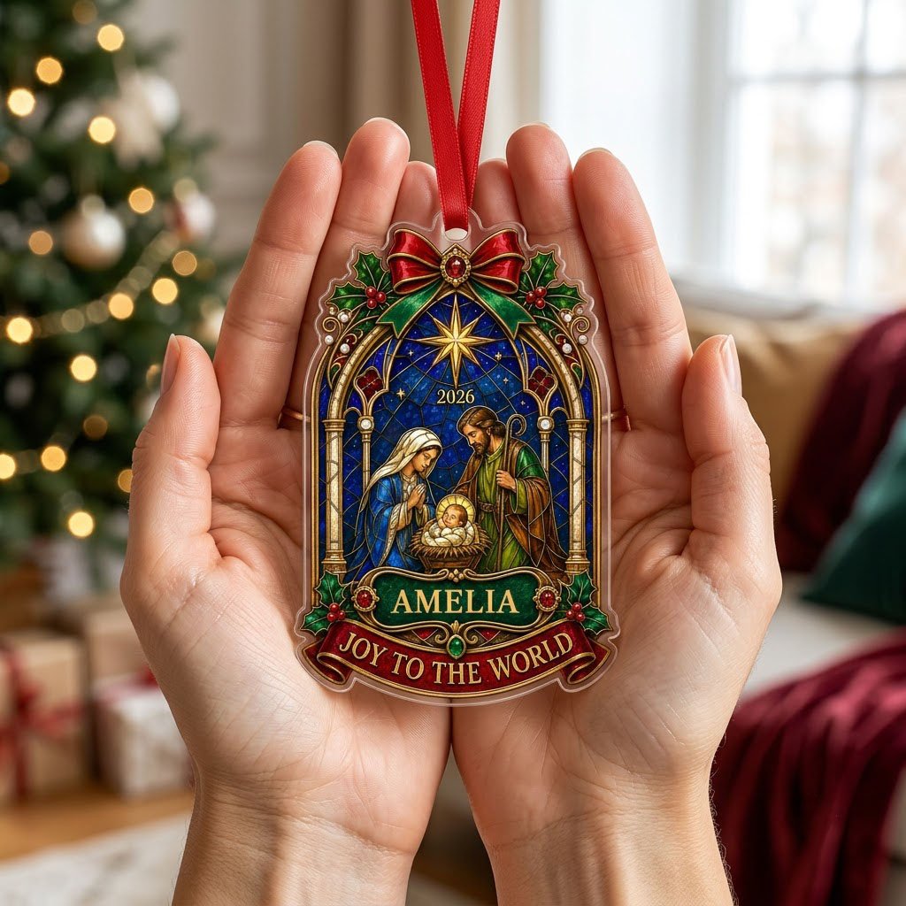 Personalized Stained Glass Nativity Scene Acrylic Ornament, Custom Holy Family Christmas Keepsake