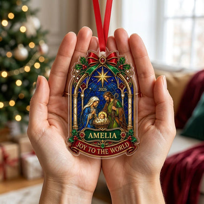 Personalized Stained Glass Nativity Scene Acrylic Ornament, Custom Holy Family Christmas Keepsake