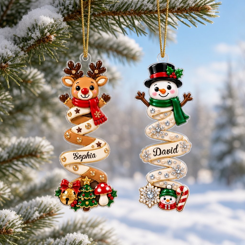 Custom-cut acrylic ornament with a ribbon tree or snowman on a spiral ribbon, personalized with a name on the ribbon.
