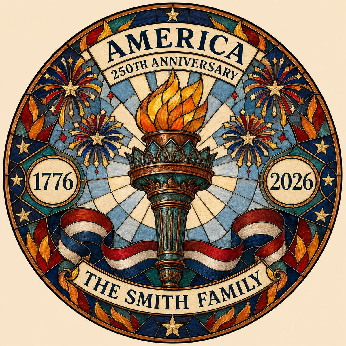 Round stained glass suncatcher with a central torch, fireworks, stars, and a red, white and blue ribbon.