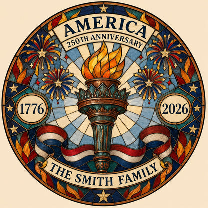 Round stained glass suncatcher with a central torch, fireworks, stars, and a red, white and blue ribbon.