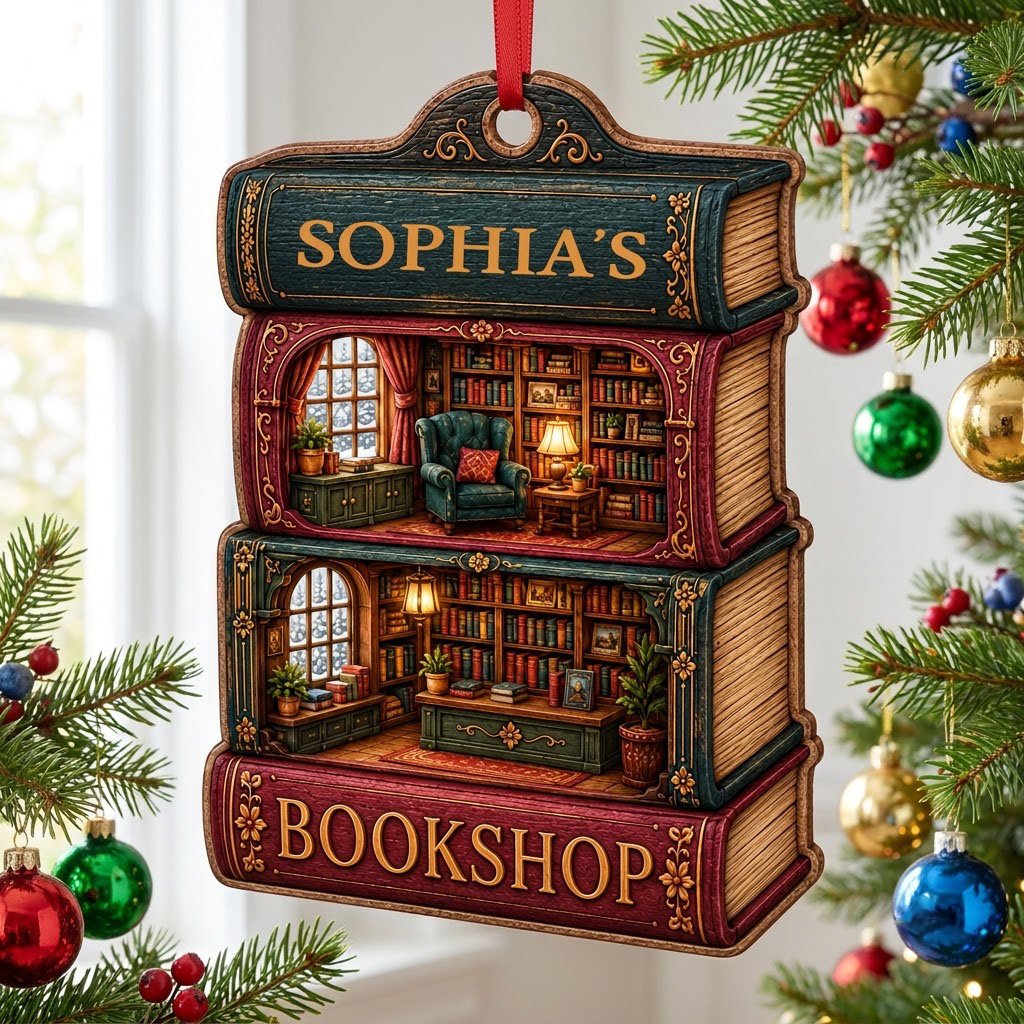 Custom-cut ornament of stacked books showing cozy bookshop rooms, BOOKSHOP text, and a personalized name.