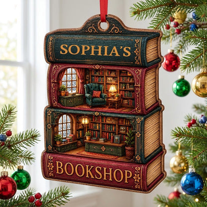 Custom-cut ornament of stacked books showing cozy bookshop rooms, BOOKSHOP text, and a personalized name.