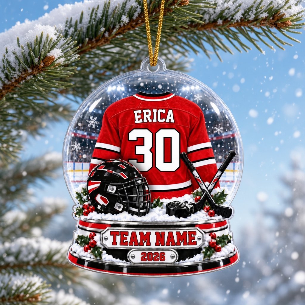 Snow globe acrylic ornament with red and white hockey jersey, black helmet and puck, and a snowy rink backdrop.