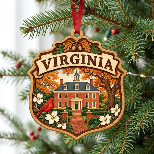 Shield-shaped wood ornament with “VIRGINIA,” colonial brick building, cardinal, acorns and white dogwood flowers.