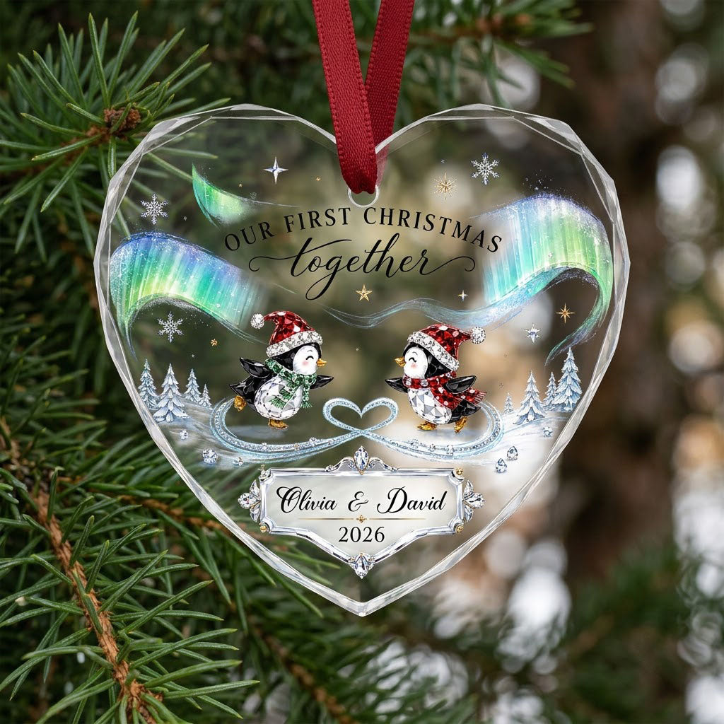 Heart glass ornament with two ice-skating penguins under green and blue aurora with names and date.