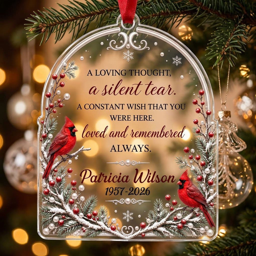 Clear acrylic arch ornament with two red cardinals, snowy evergreens, memorial verse, plus personalized name and dates.