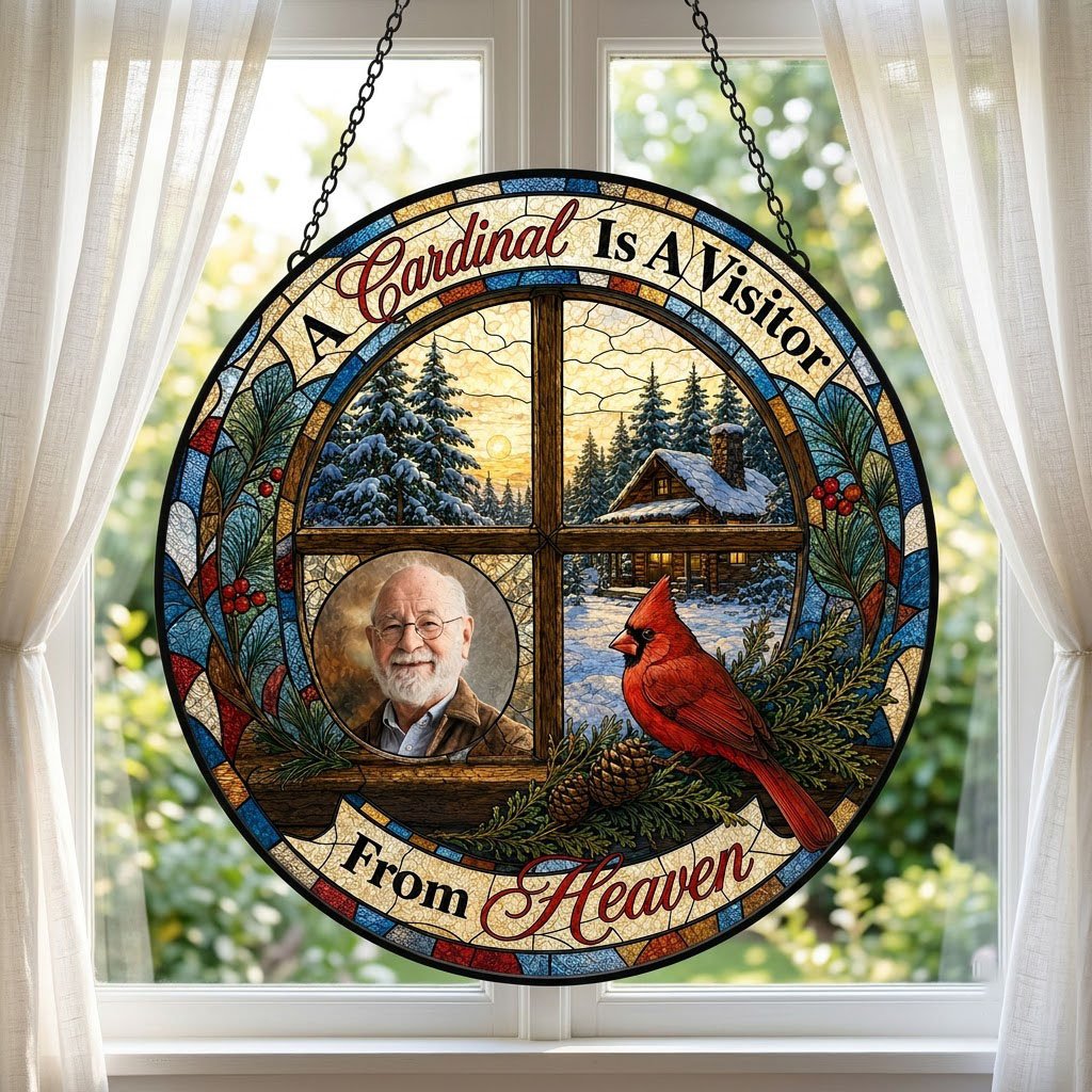 Stained glass suncatcher with a wooden four-pane window, snowy cabin scene, red cardinal on pine branches, and a circula