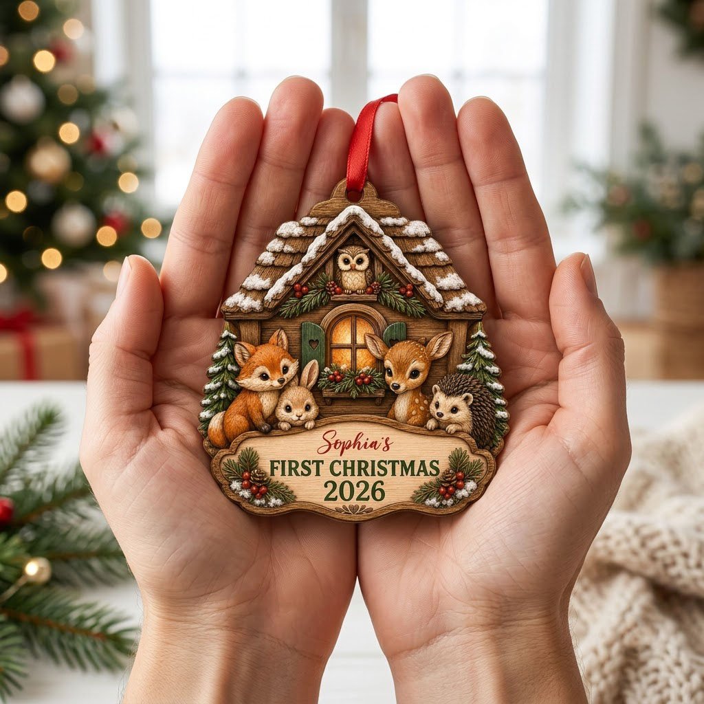 Personalized Woodland Cabin Baby's First Christmas Wood Ornament, Custom Keepsake