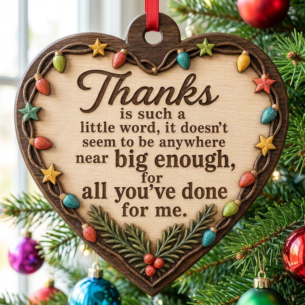 Heart-shaped wood ornament with a lights-and-stars border, pine sprigs with red berries, and a gratitude quote.