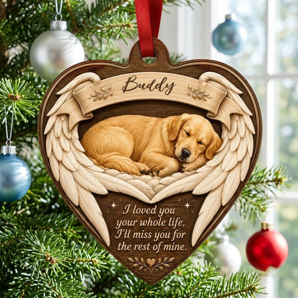 Heart-shaped wood ornament with a sleeping golden retriever, angel wings, ribbon banner, stars, and a memorial quote.