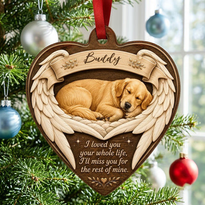 Heart-shaped wood ornament with a sleeping golden retriever, angel wings, ribbon banner, stars, and a memorial quote.
