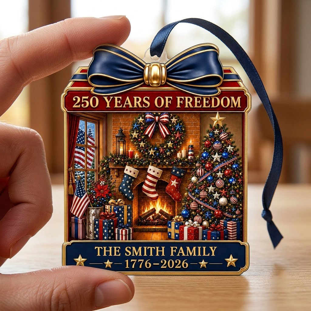 Personalized America 250th Christmas Fireplace Acrylic Ornament