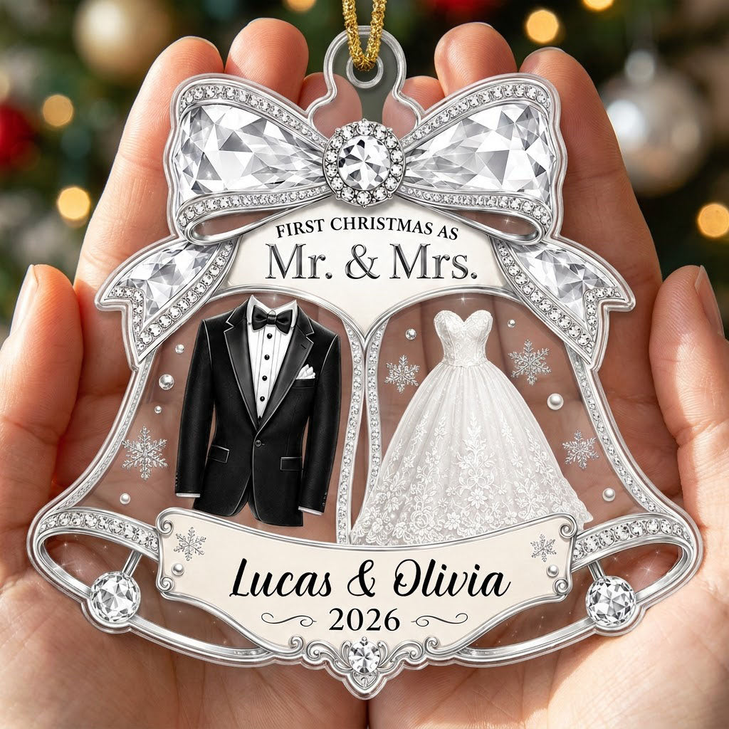 Double bell acrylic ornament with tuxedo, wedding gown, silver bow, and FIRST CHRISTMAS AS Mr. & Mrs. text.