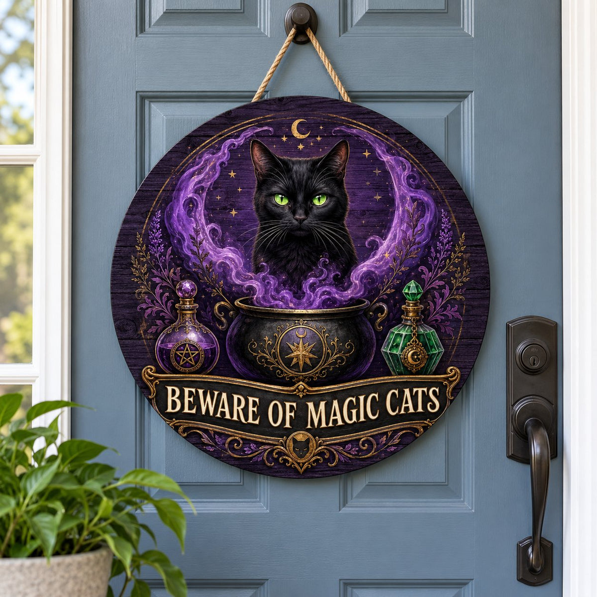 Round wooden sign with a black cat in purple smoke rising from a cauldron and the text BEWARE OF MAGIC CATS.