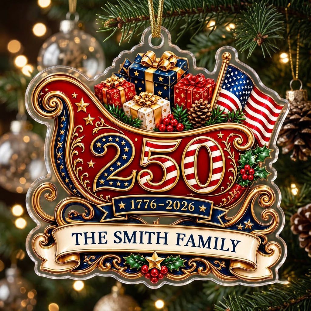 Acrylic ornament shaped like a Santa sleigh with '250', '1776-2026', US flag and a family name banner.