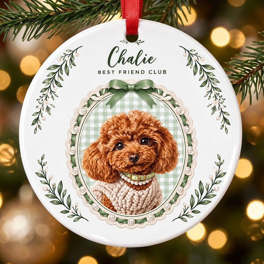 Round ceramic ornament with a poodle portrait, 'BEST FRIEND CLUB', green gingham, bow, and leafy sprigs.