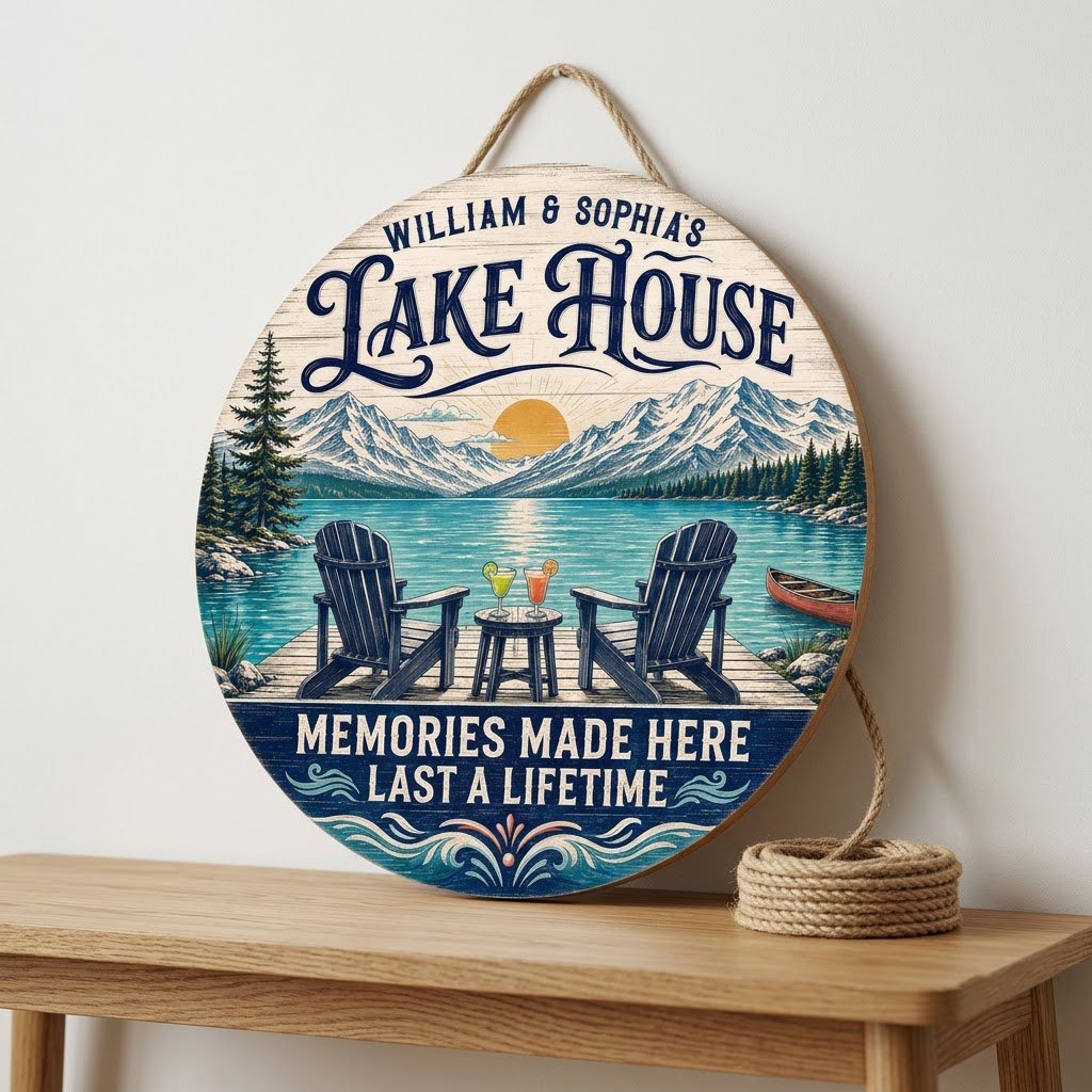 Personalized Lake House Memories Round Wooden Hanging Sign