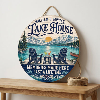 Personalized Lake House Memories Round Wooden Hanging Sign