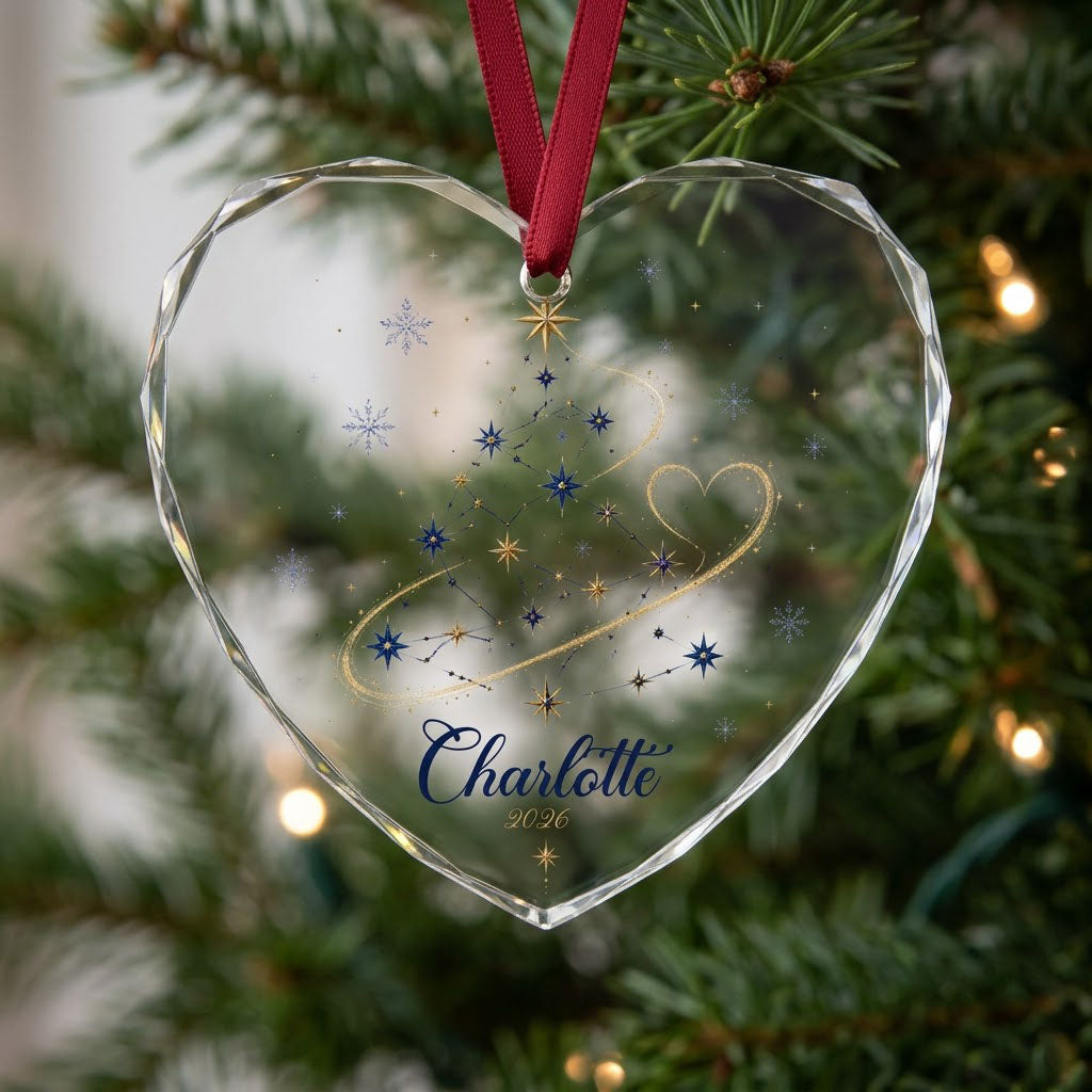 Heart-shaped stained glass suncatcher with a starry Christmas tree, gold ribbon heart, and snowflakes.