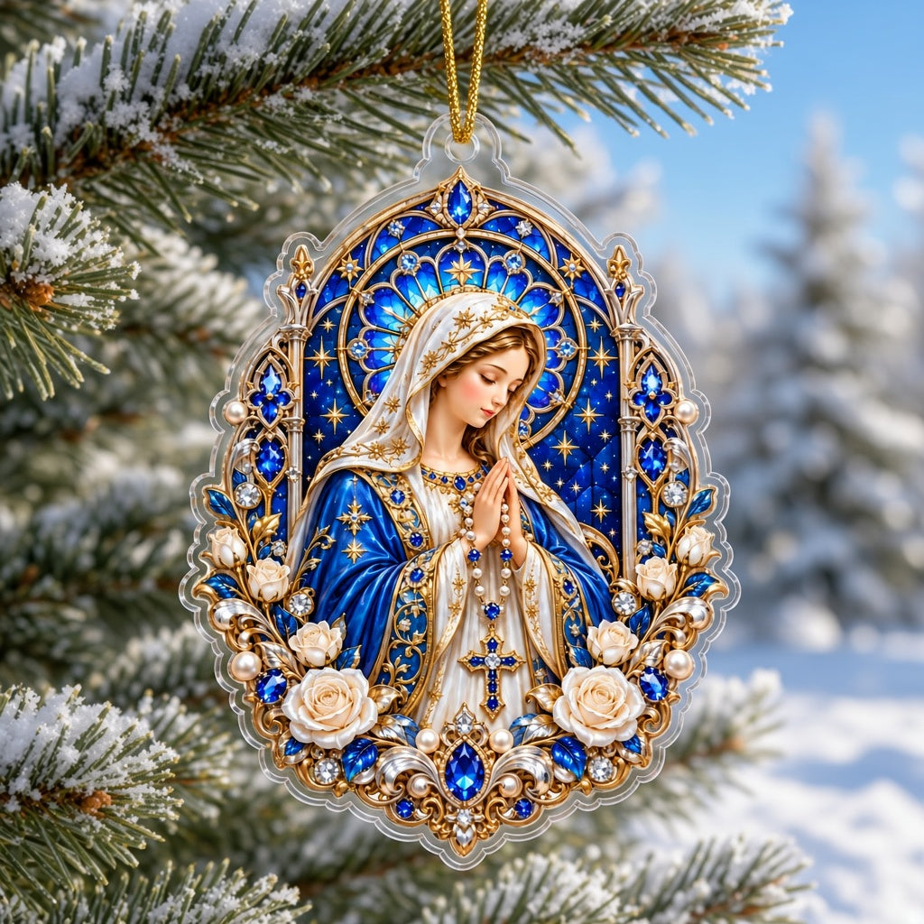 A custom-cut acrylic ornament of the Virgin Mary praying with a rosary, blue mantle, and ornate gold frame.