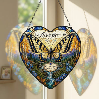 Personalized Butterfly Mountain Waterfall Memorial I'm Always With You Heart Stained Glass Suncatcher