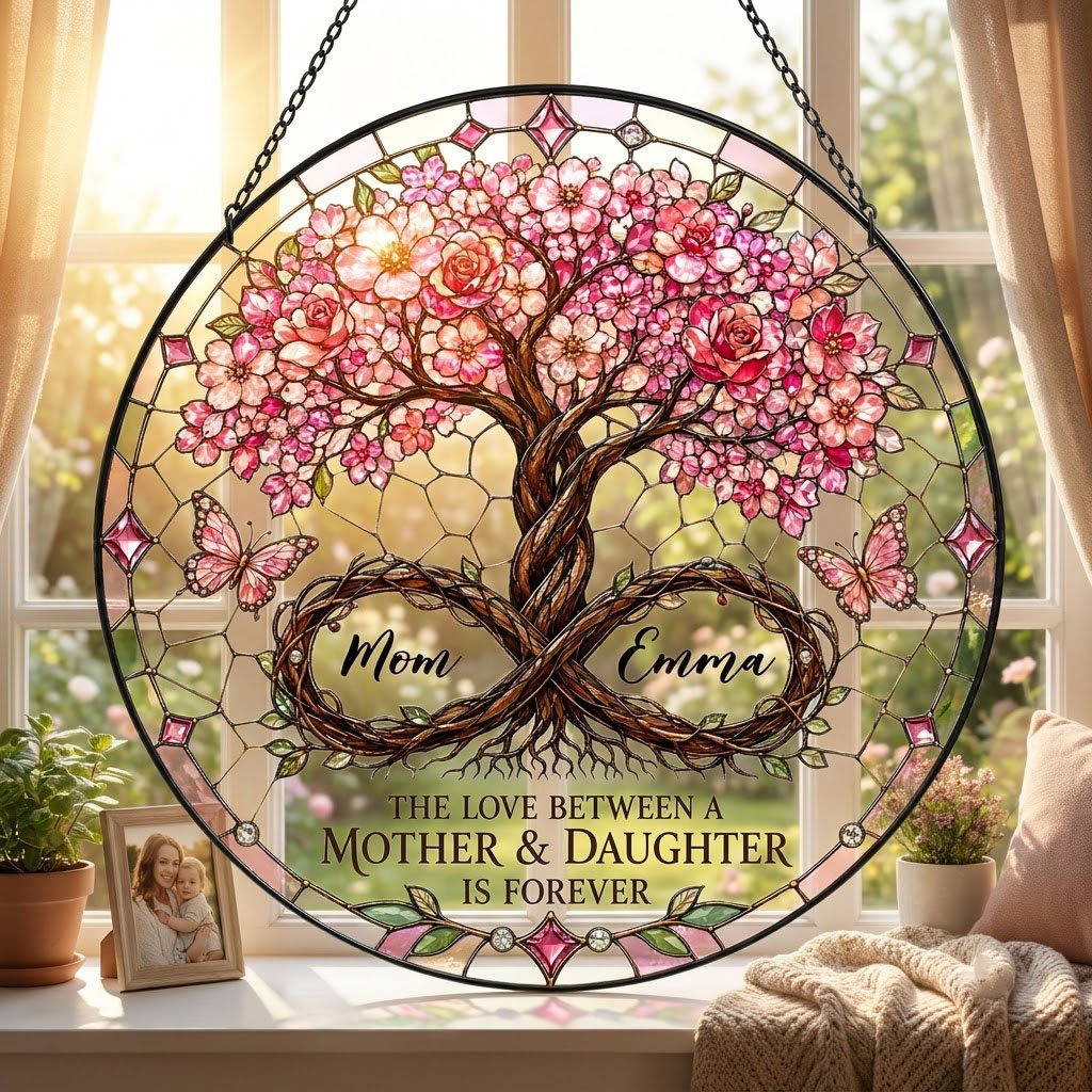 Round suncatcher with tree of life, pink blossoms, and 'THE LOVE BETWEEN A MOTHER & DAUGHTER IS FOREVER'