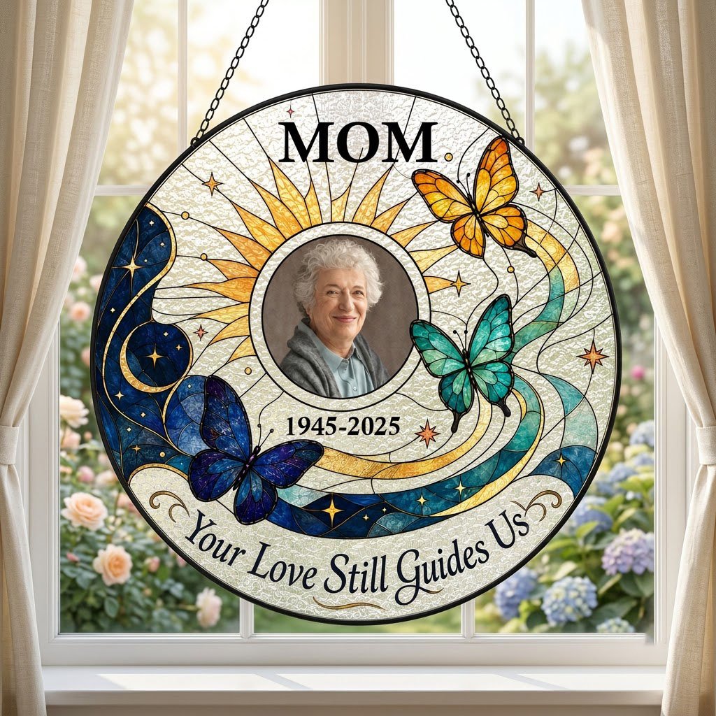 Round stained glass-style suncatcher with a photo frame, three butterflies, a crescent moon, sunburst rays and a banner 