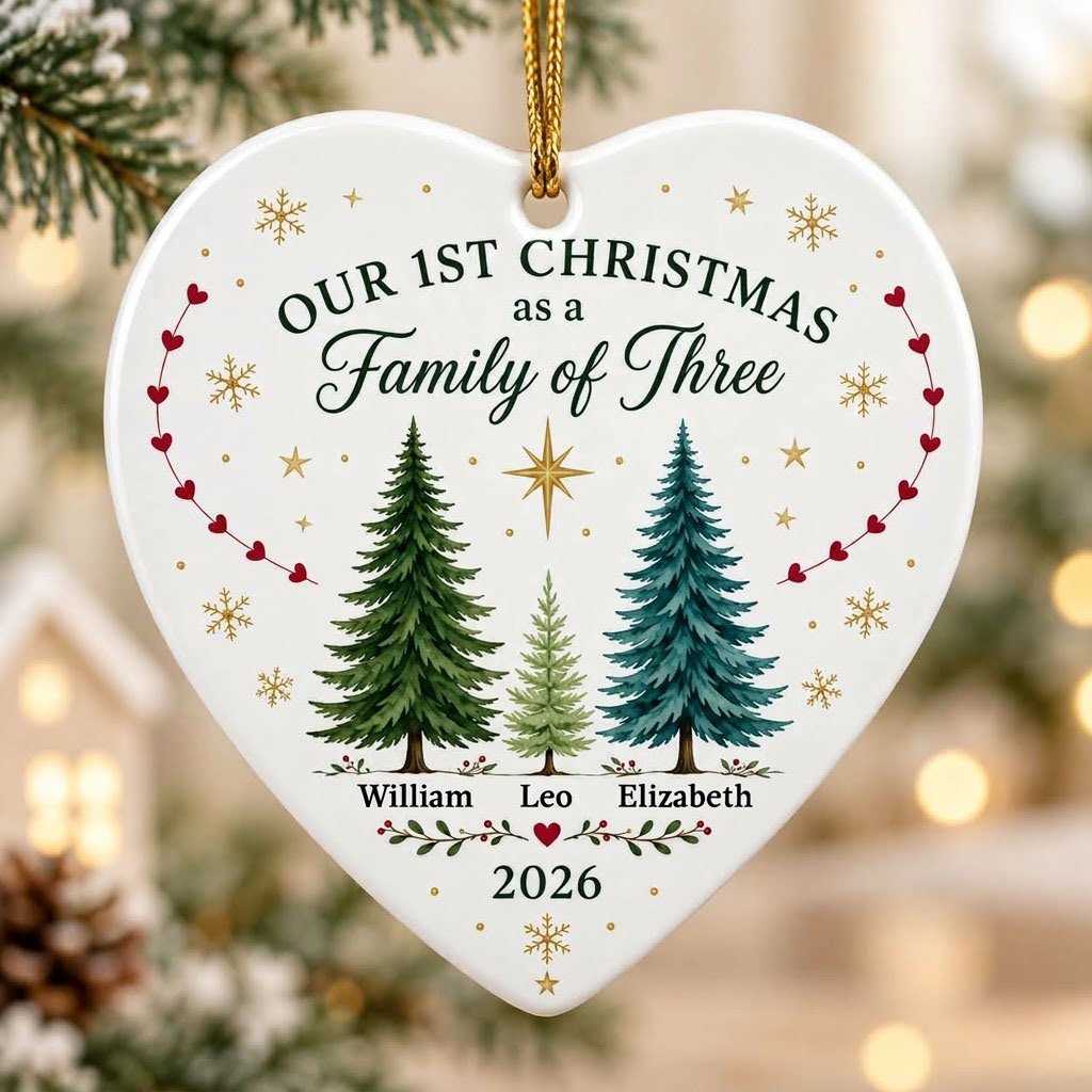 Heart ceramic ornament with three watercolor pine trees, a gold star, red heart garlands, and names with year.