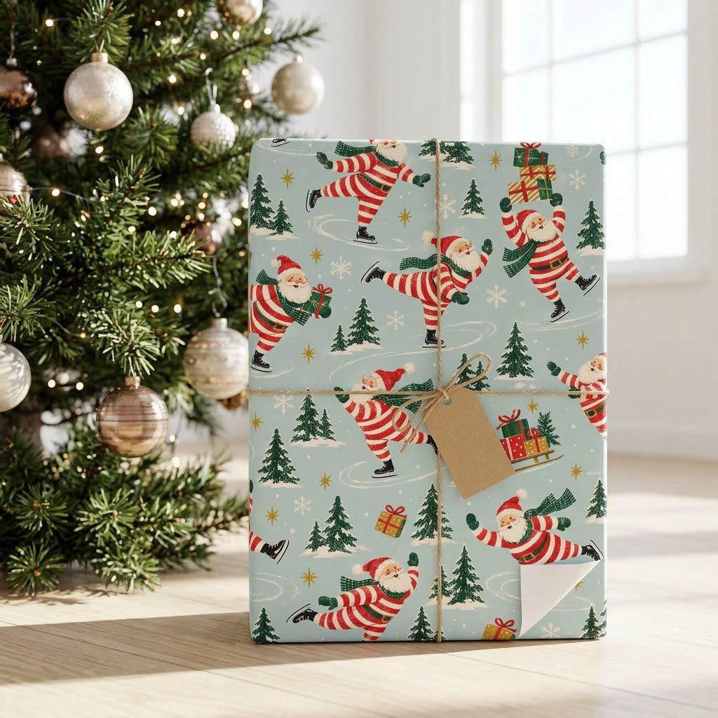 Blue wrapping paper with a pattern of ice-skating Santas, pine trees, sleds of gifts, presents and golden stars.