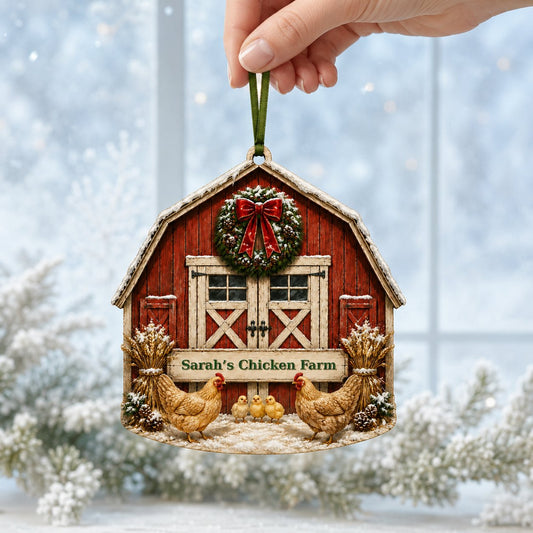 Personalized Red Barn Chicken Coop Wood Ornament, Custom Farmhouse Keepsake