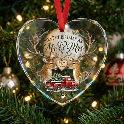 Personalized First Christmas as Mr & Mrs Deer Antlers Red Truck Heart Glass Ornament