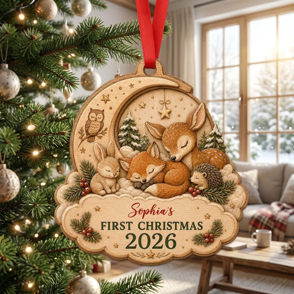 Personalized Woodland Animals Baby's First Christmas Wood Ornament, Custom Keepsake