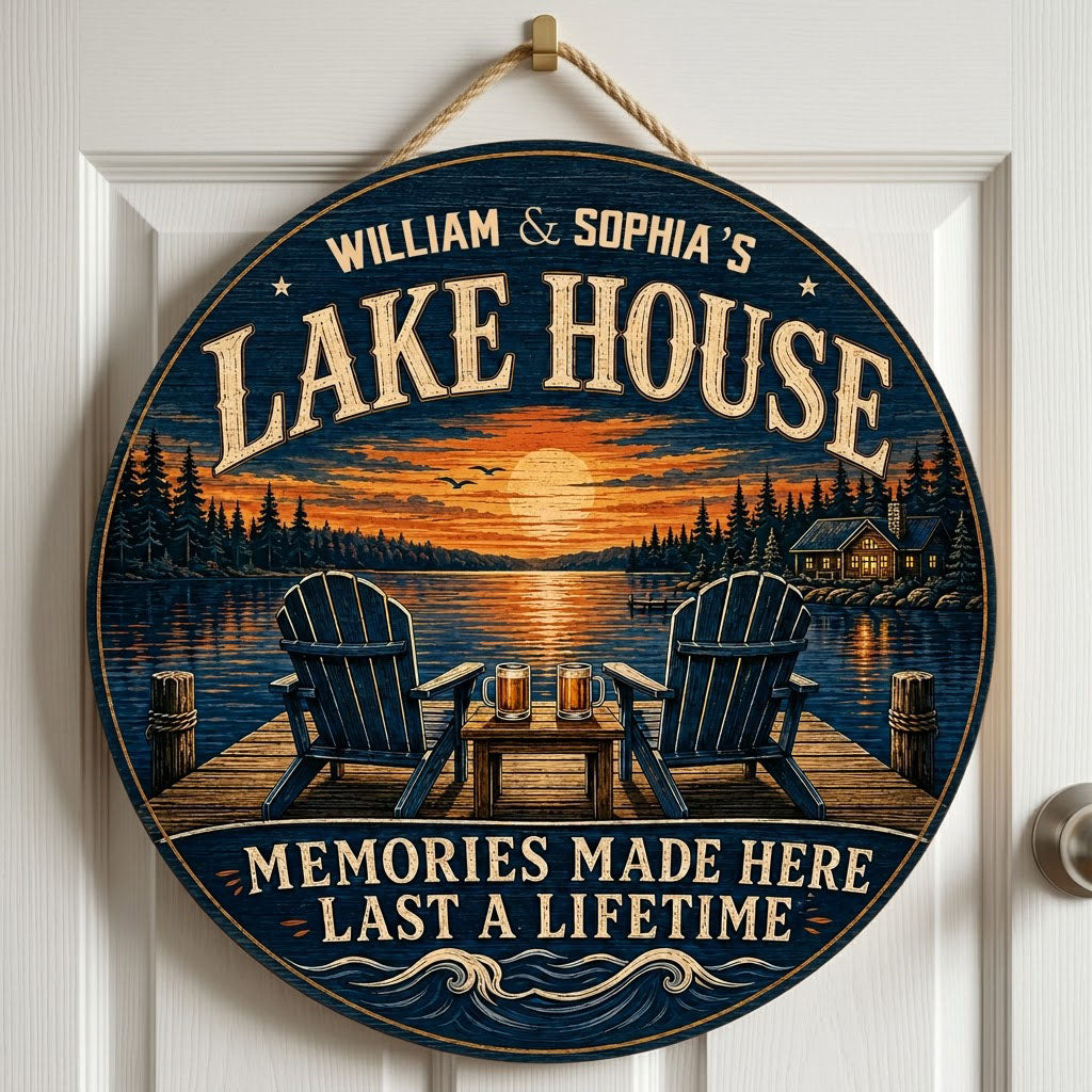 Personalized Lake House Sunset Dock Wooden Hanging Sign