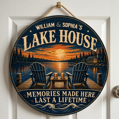 Personalized Lake House Sunset Dock Wooden Hanging Sign