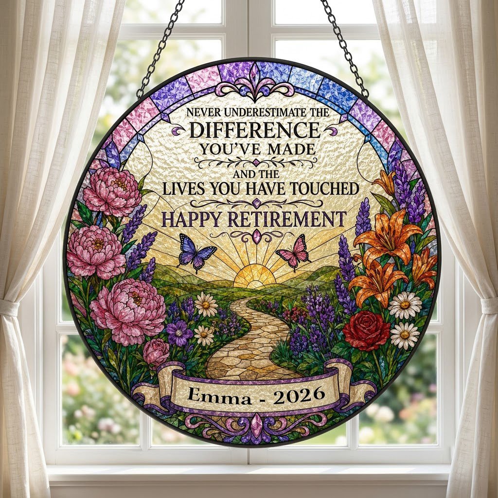Personalized Retirement Sunrise Pathway Never Underestimate The Difference Stained Glass Round Suncatcher