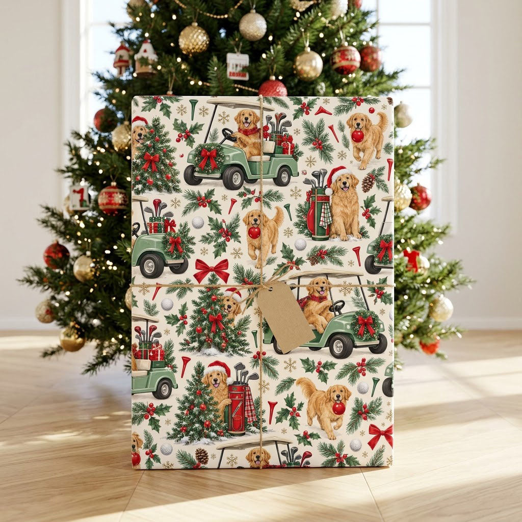 Golden Retrievers in green golf carts, Santa hats, ornaments, golf gear and holly on cream matte wrapping paper.