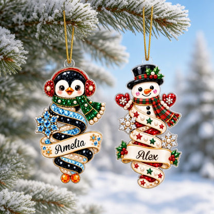 Custom acrylic ornament with a cute elf and smiling snowman on jeweled swirl banners with personalized names